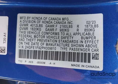 2023 Honda Civic Touring z USA, uszkodzony, nr VIN 2HGFE1F92PH309810